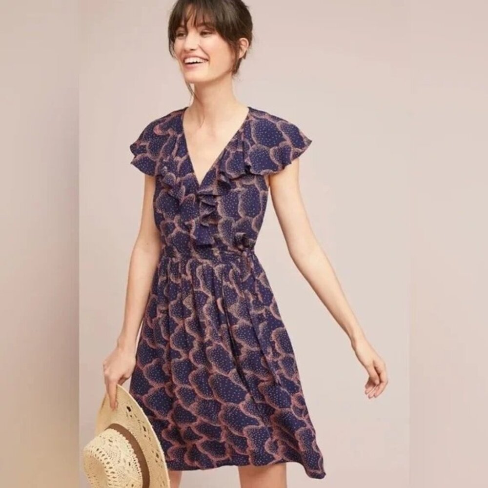 Maeve Anthropologie 4 Navy‎ Coral Wrap Dress Ruffle ROSALIA Romantic